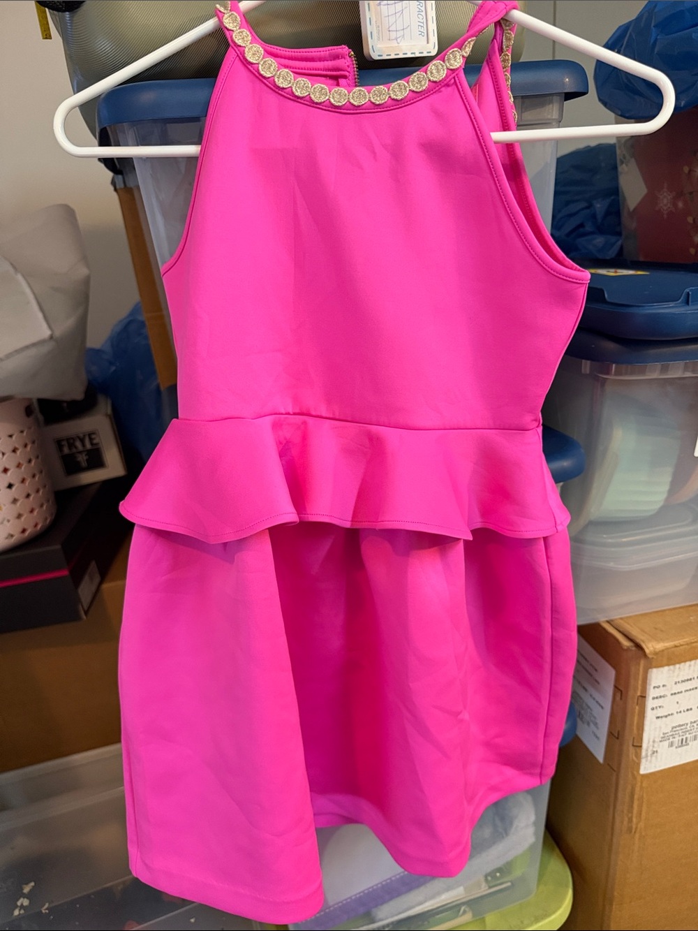 Girls Hot Pink Peplum Dress with Jeweled Neckline